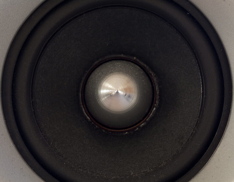 Membrane et dôme d'un haut-parleur vus de près, illustrant le domaine de l'audio et des enceintes acoustiques