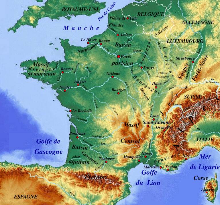 Carte physique de la France avec ses régions et grandes villes, illustrant la fabrication locale sur le territoire français