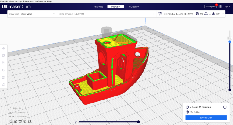 Logiciel de découpe affichant un modèle 3D correctement vérifié et préparé pour l'impression, sans erreur de maillage